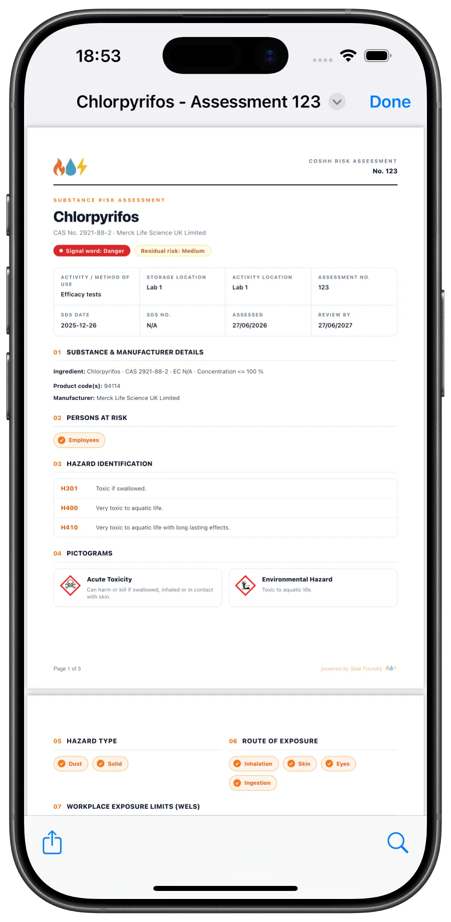 Generated COSHH risk assessment PDF showing classification of hazard, hazard type, route of exposure and workplace exposure limits